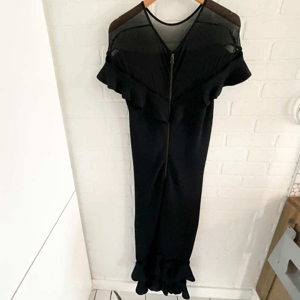 Sachin&Babi Black Ruffle Hem Maxi Dress Sheer Mesh Yoke Column Gown Floor Length - Picture 9 of 11